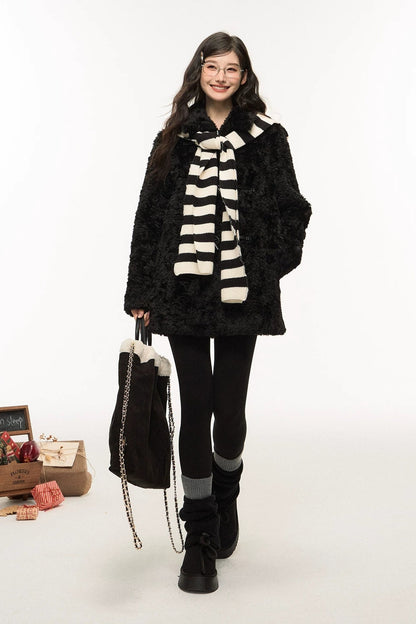 Wool Fur Horn Button Coat and Pants Set-Up