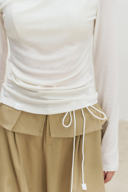 Lyocell Overlapping Pleated Long-Sleeve T-Shirt