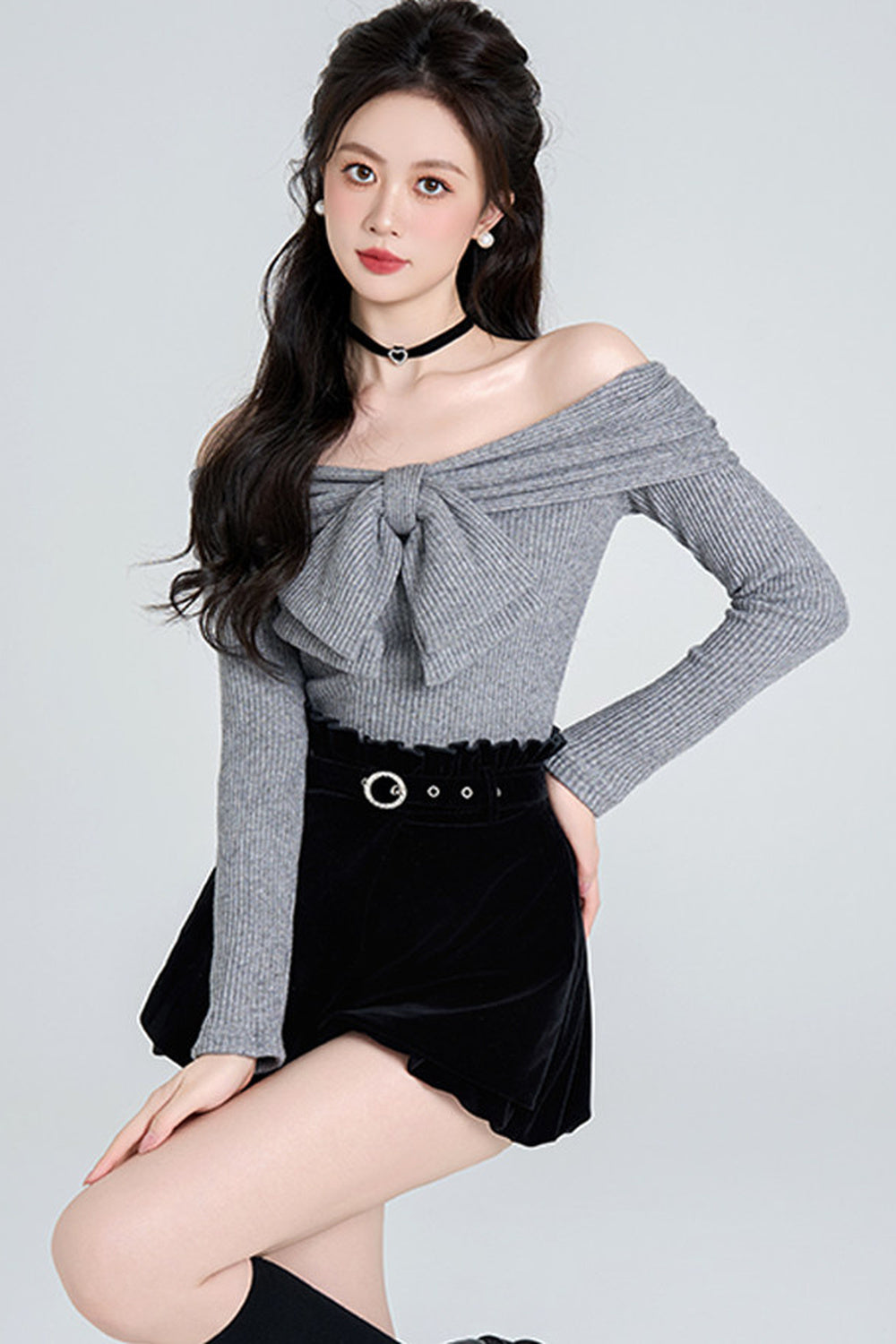 Off-Shoulder Bow Knit Pullover