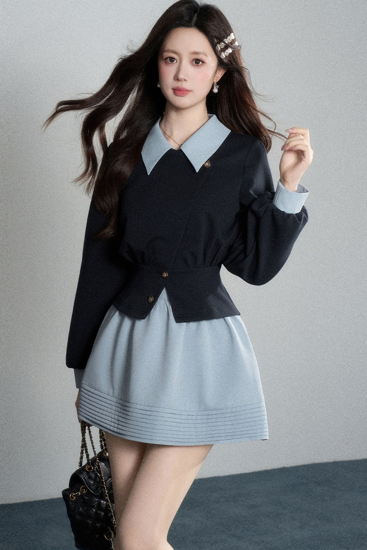 Color-Blocked Lapel Knit Top and Skirt Set-Up