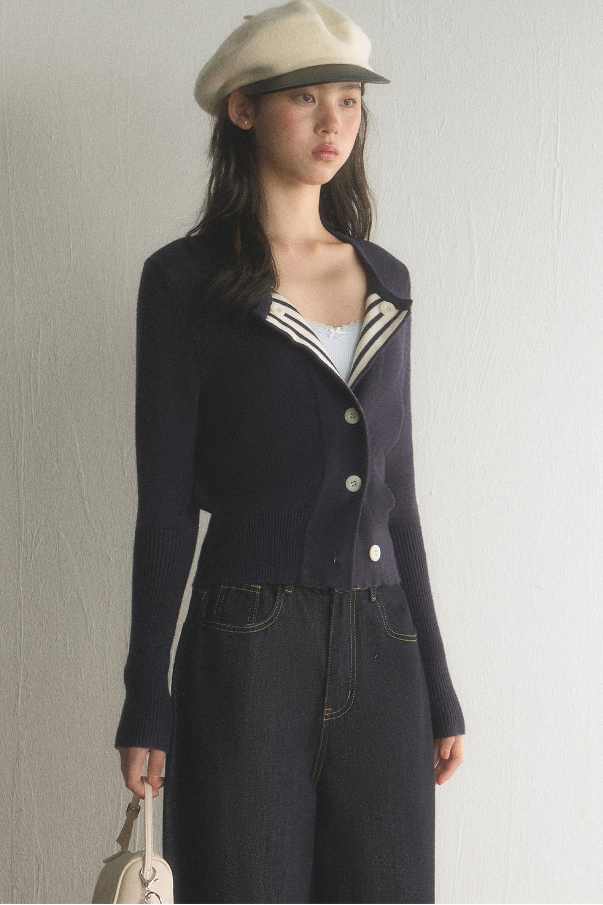 Striped Lapel Cardigan and Wide-Leg Jeans Set-Up