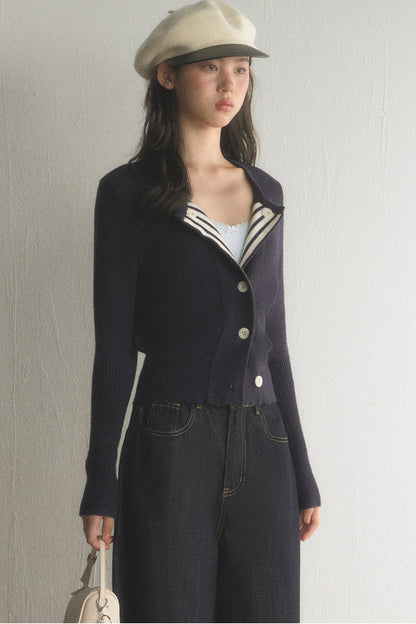 Striped Lapel Cardigan and Wide-Leg Jeans Set-Up