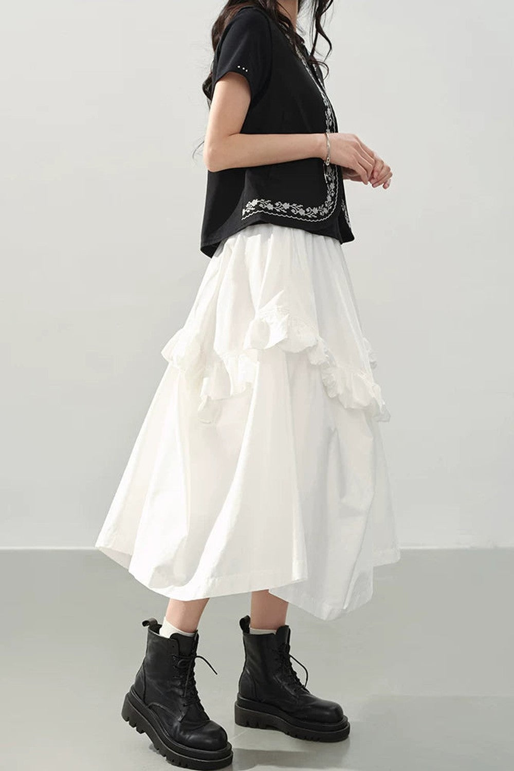 White High Waist Ruffle Midi Skirt