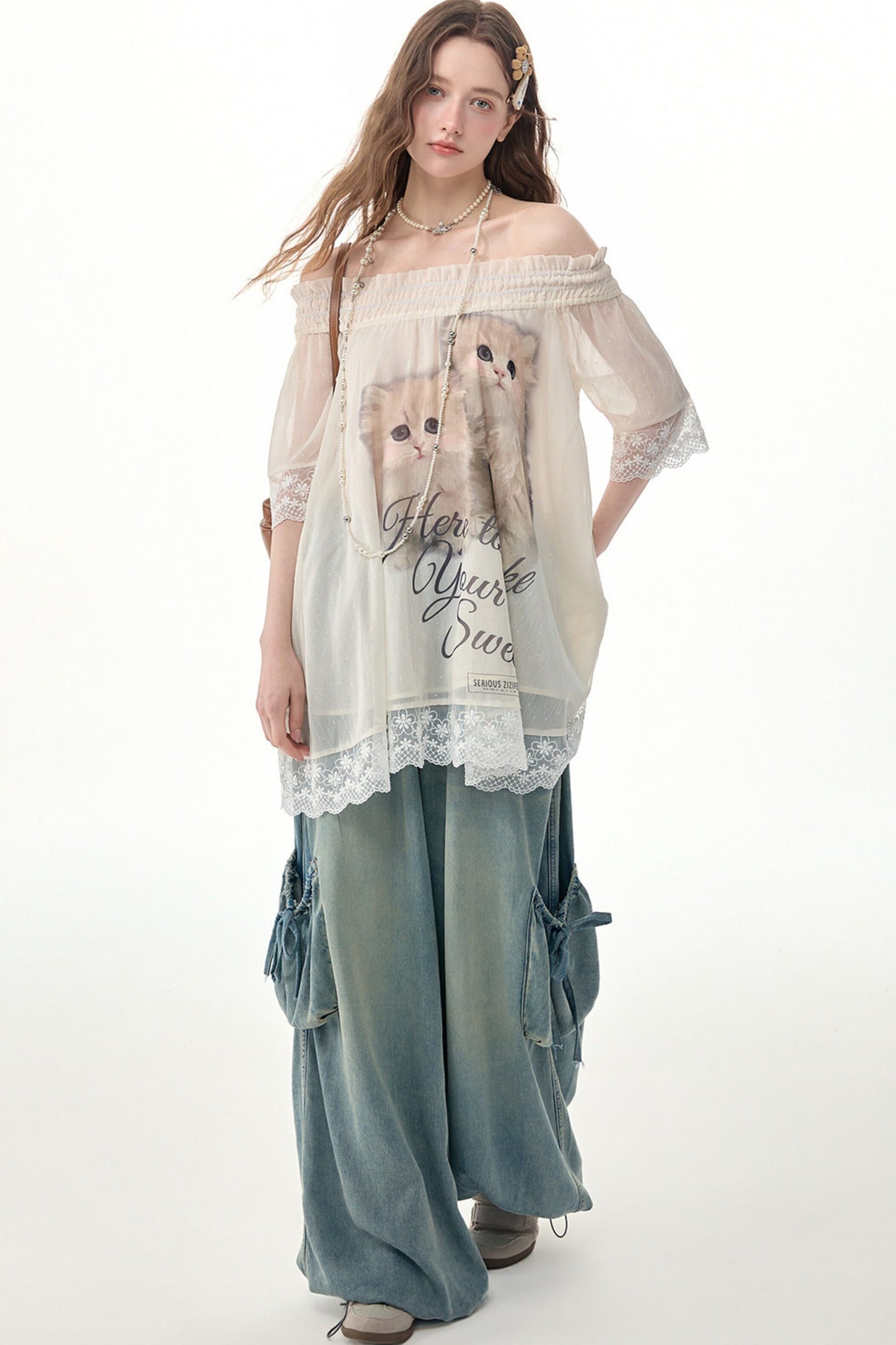 Cat Print Off-Shoulder Lace Trim Top