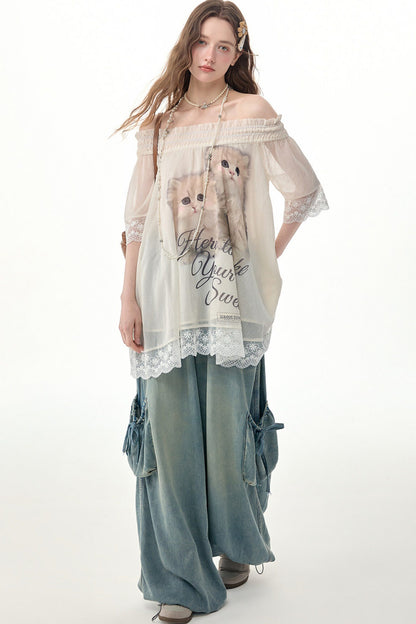 Cat Print Off-Shoulder Lace Trim Top