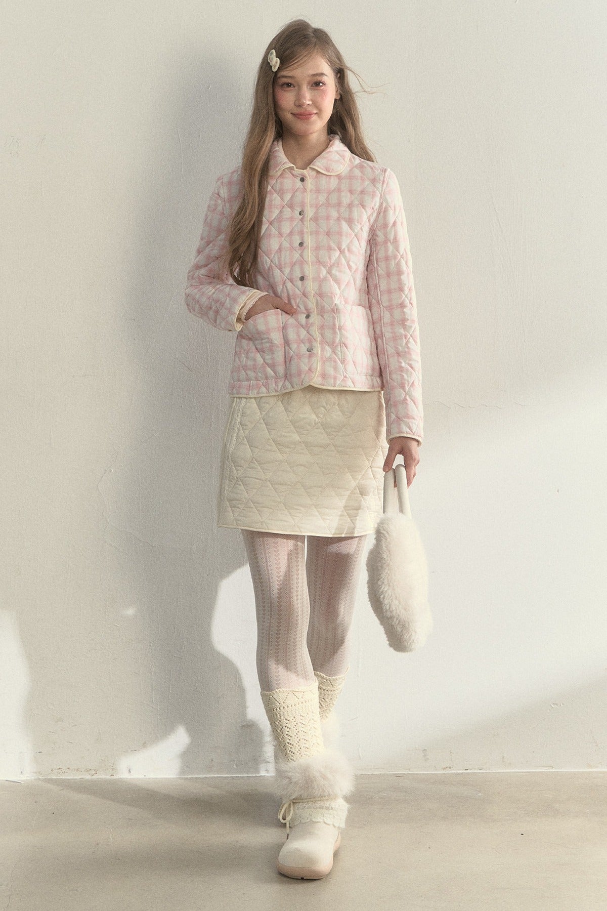 Cream Quilted Doll Collar Top and Skirt Set-Up