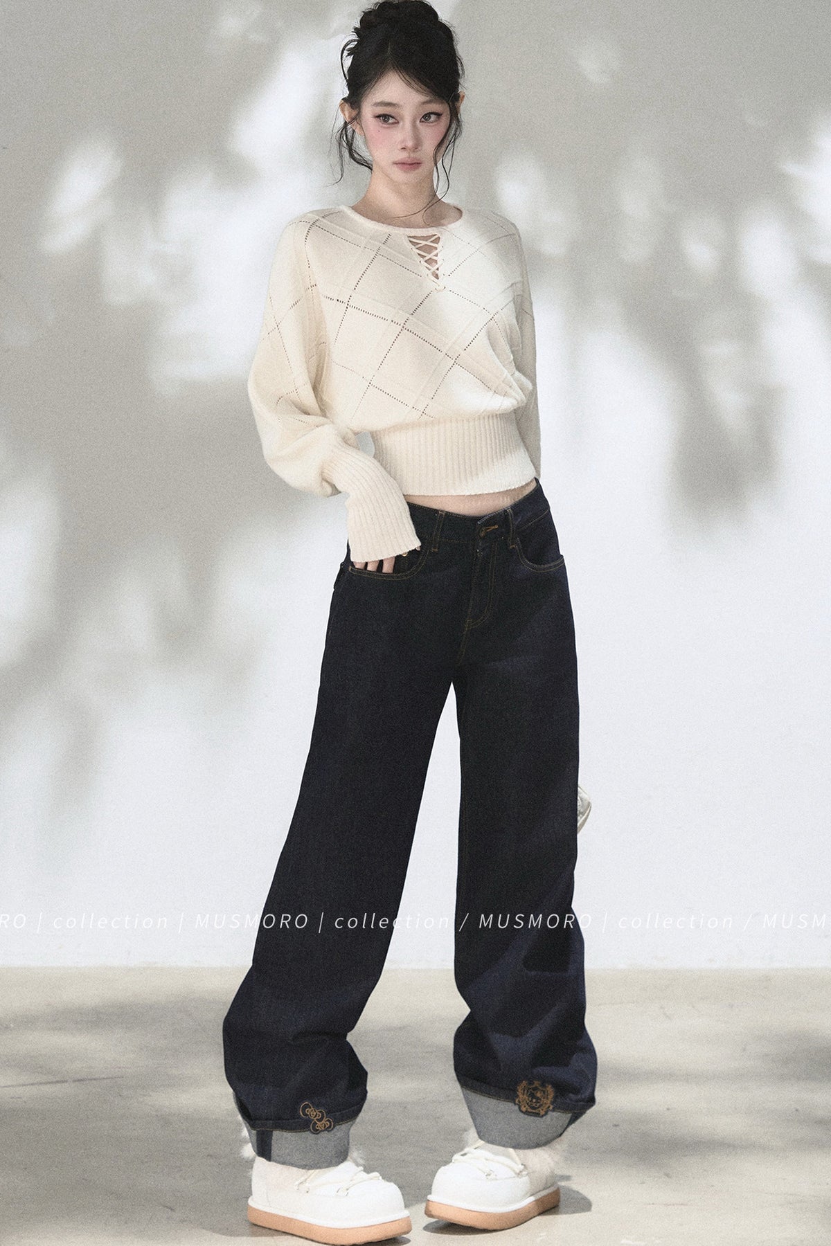 Lace-Up V-Neck Knit Top