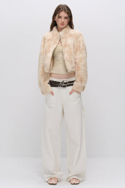 Stand Collar Faux Fur Jacket