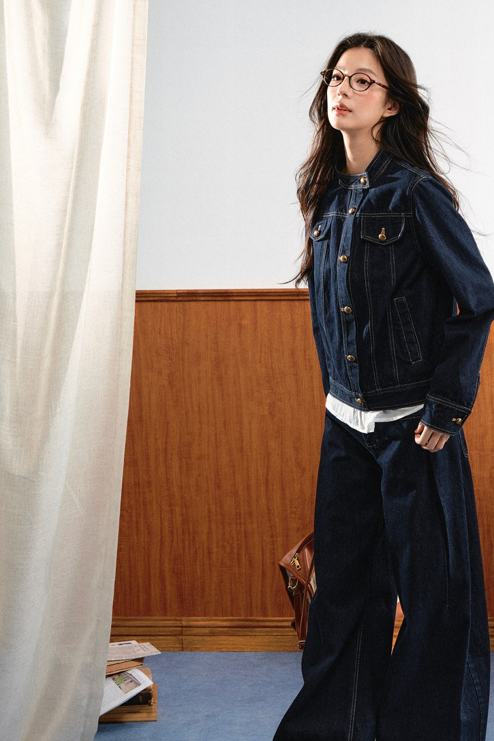 Round-Neck Gold Button Denim Jacket and Pants Set-Up