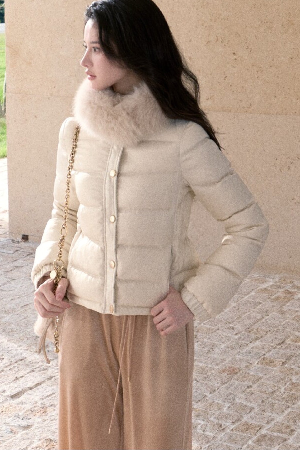 Detachable Fur Collar White Duck Down Jacket