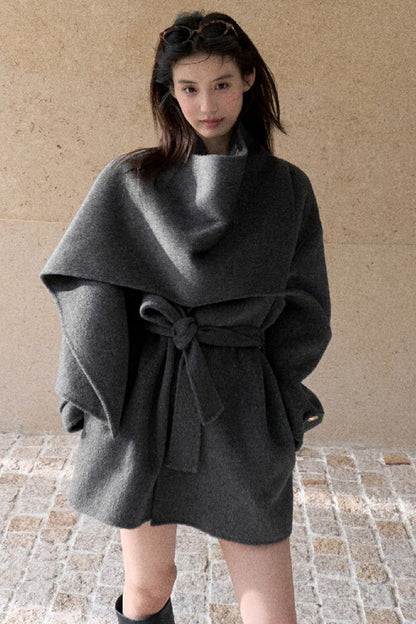 Double-Sided Wool Scarf Collar Coat
