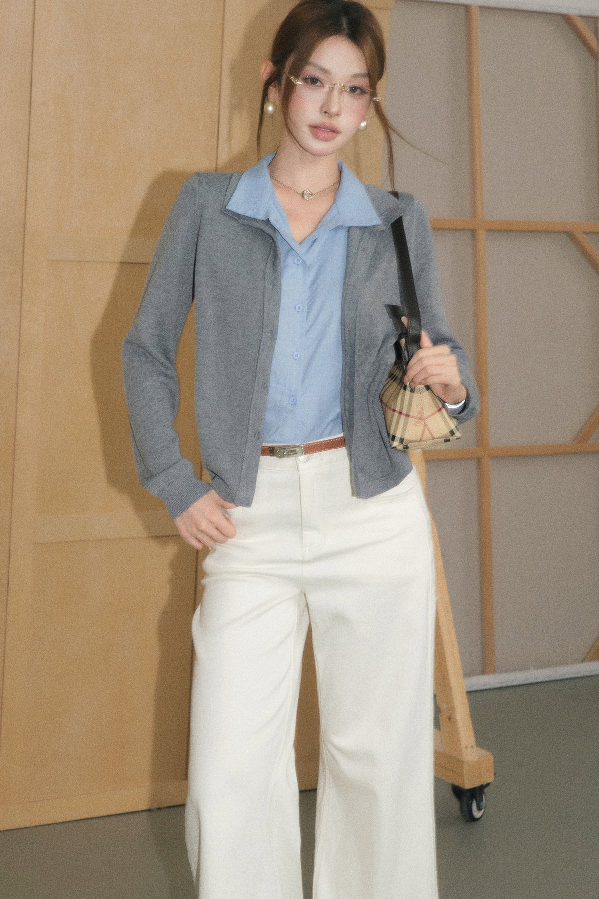 Grey Wool Cardigan and White Trousers Set-Up