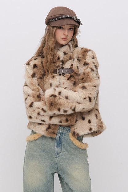 Cheetah Print Buckle Stand Collar Coat