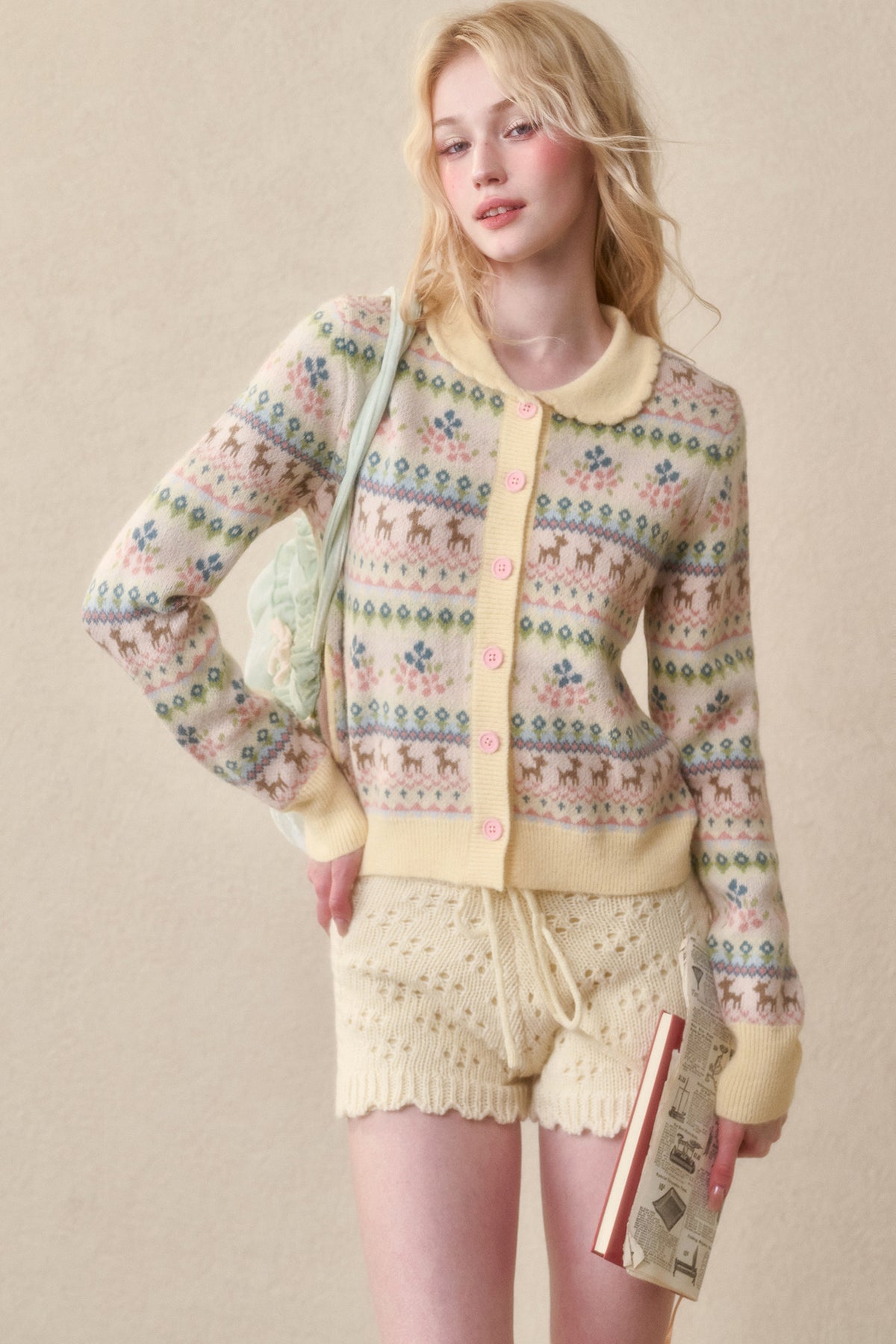 Reindeer Fair Isle Doll Collar Short Cardigan
