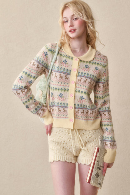 Reindeer Fair Isle Doll Collar Short Cardigan