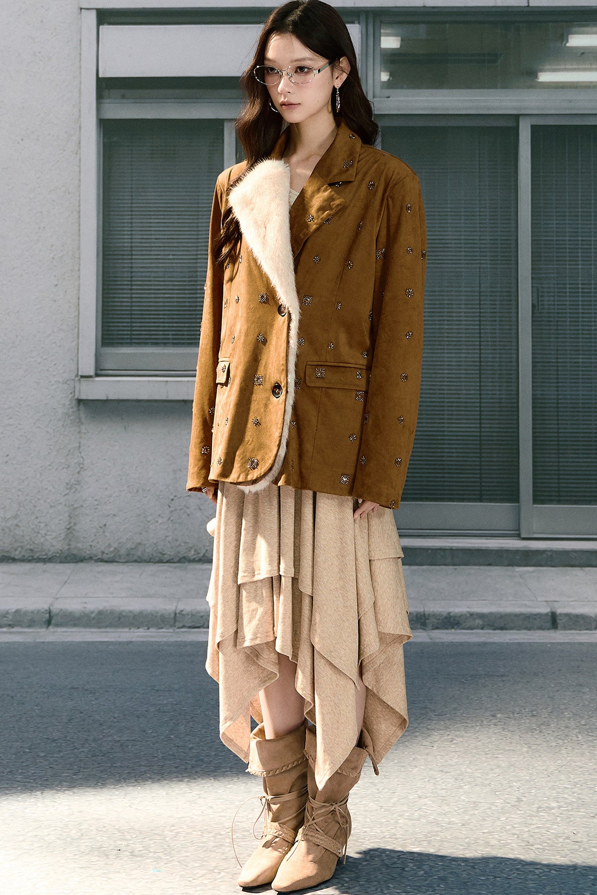 Beaded Suede Detachable Fur Collar Jacket