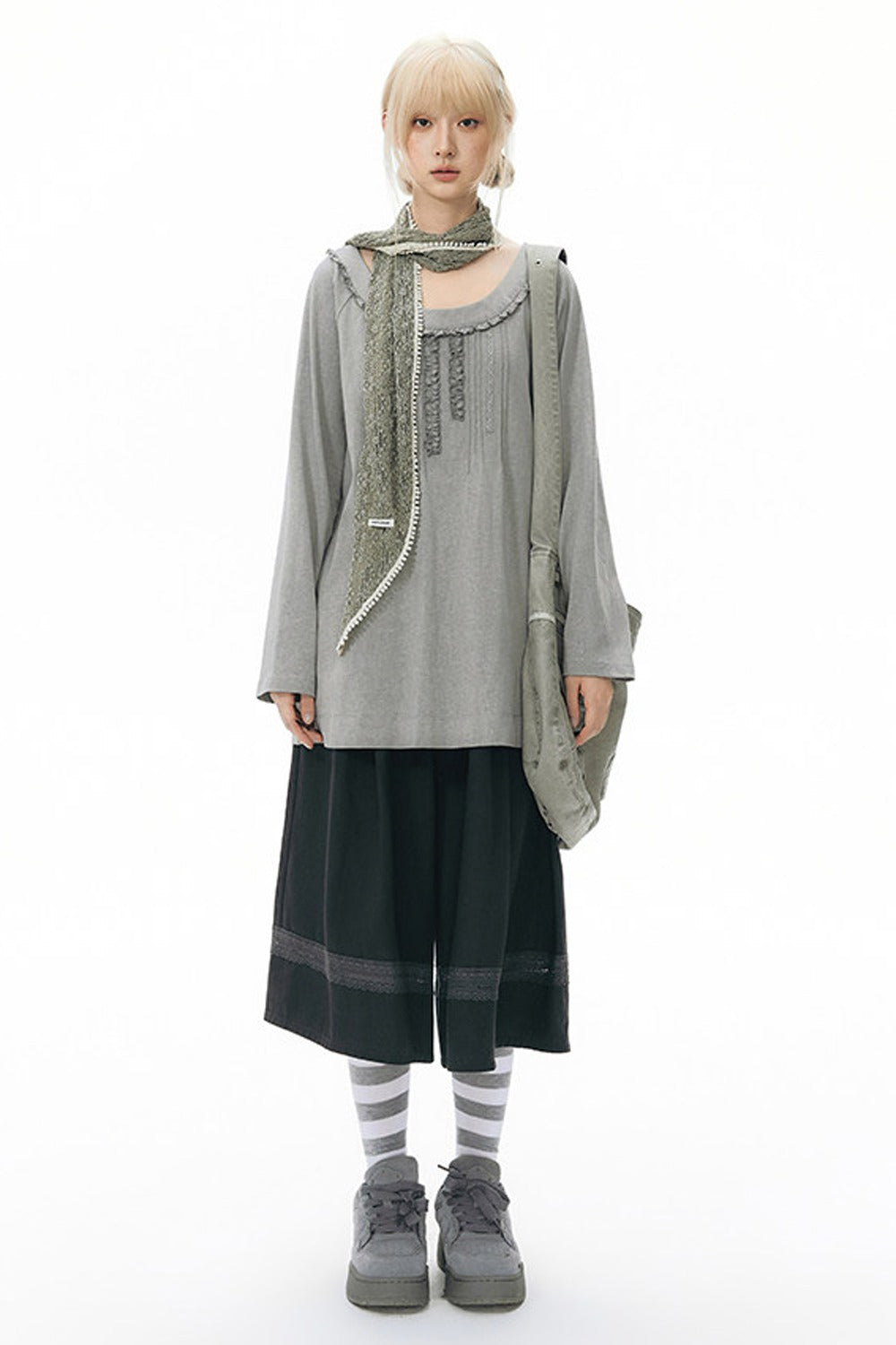 Elastic Waist Patchwork Wide-Leg Skirt Pants
