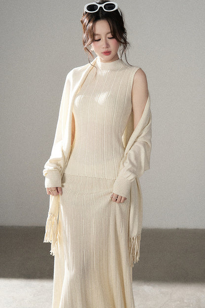 Turtleneck Sweater Long Skirt Shawl Cardigan Set