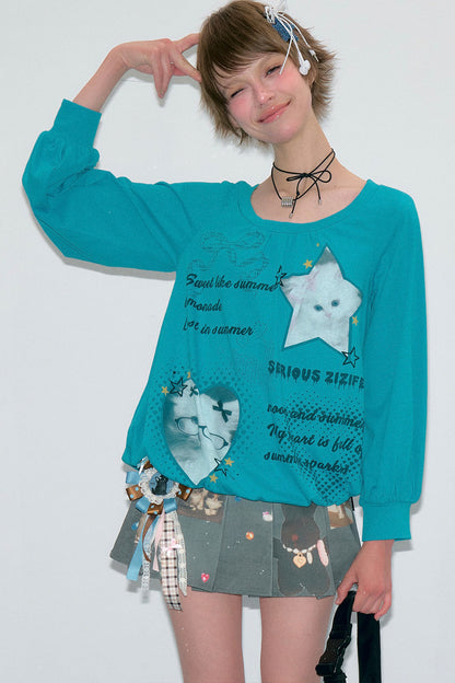Cat Print Lantern Sleeve T-Shirt