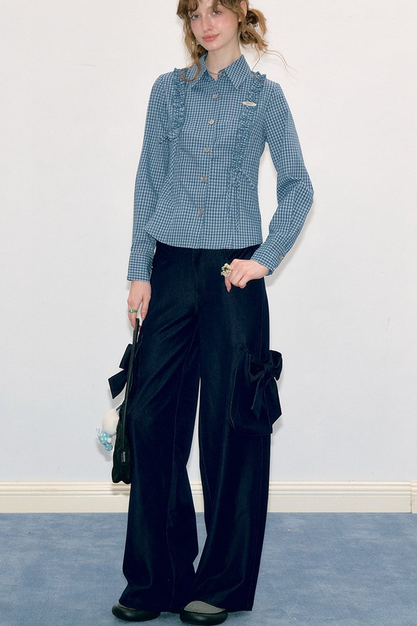 Blue Plaid Slimming Long Sleeve Blouse
