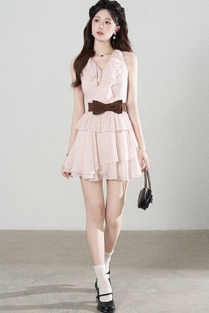 Ruffled V-Neck Pink Polka Dot Tiered Dress