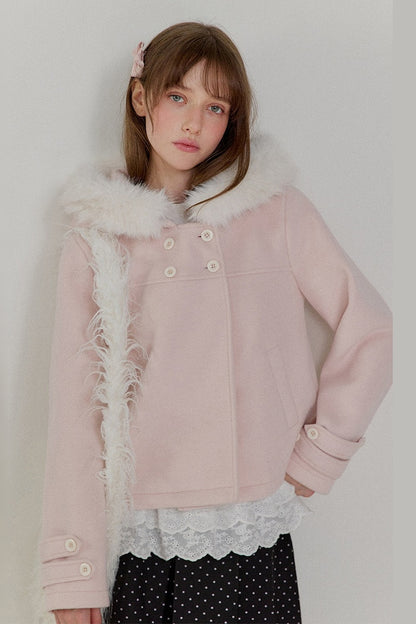 Lace Trim Fur Collar Hooded Coat