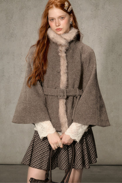 Floral Fur Collar Woolen Cape