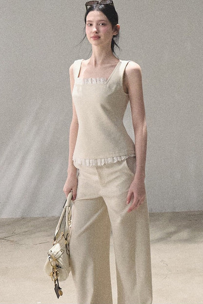 Linen Lace Patchwork Vest and Pants Set-Up