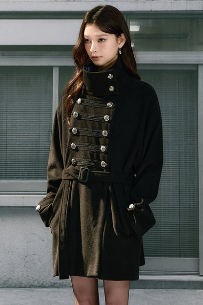 Double-Breasted Drop Shoulder Belted Woolen Coat