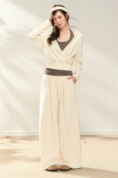V-Neck Sweatshirt and Wide-Leg Pants Set-Up