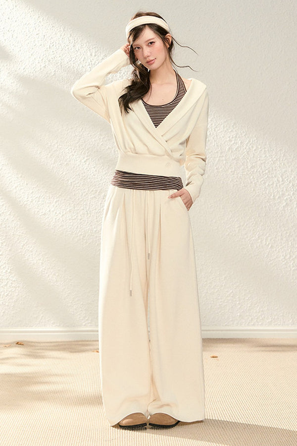V-Neck Sweatshirt and Wide-Leg Pants Set-Up