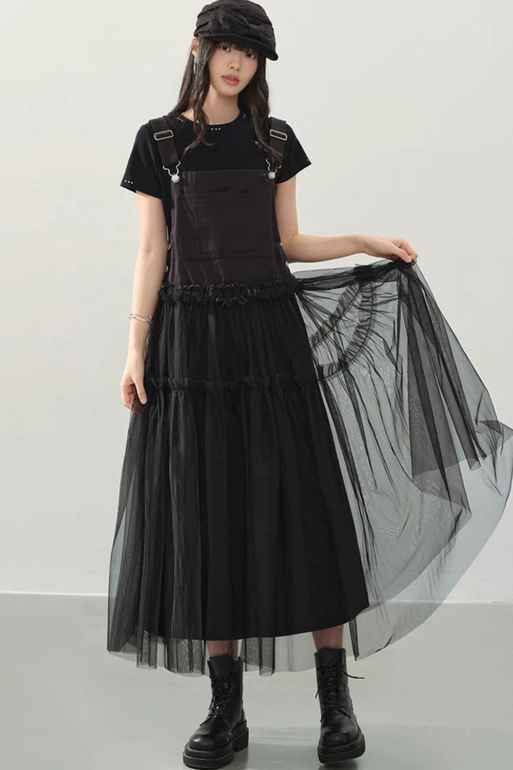 Black Denim Mesh A-Line Dress