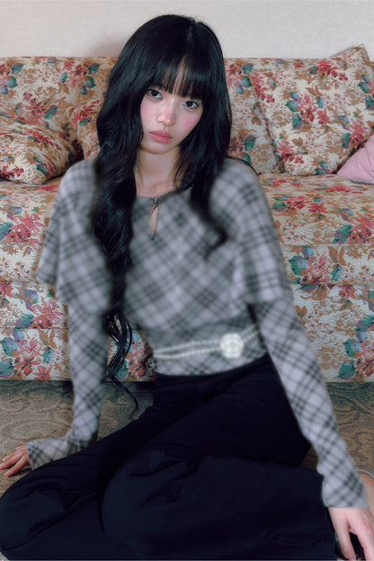 Plaid Cape Long Sleeve Top