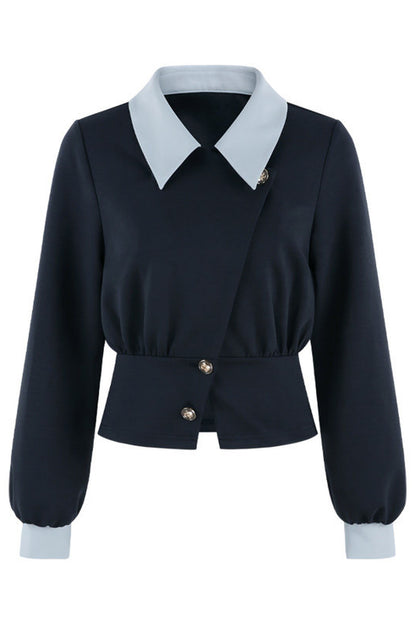 Color-Blocked Lapel Knit Top and Skirt Set-Up