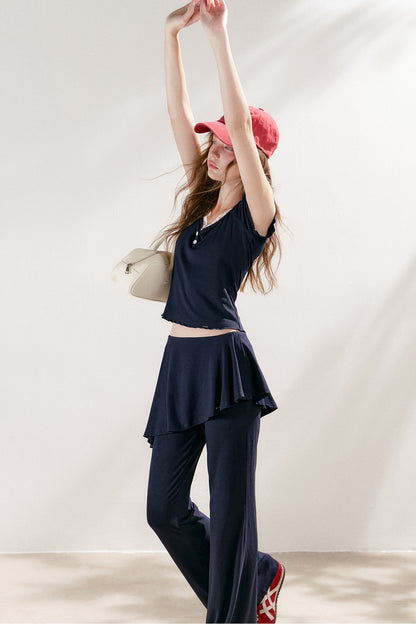 French Lace U-Neck Peplum Top and Flared Pants Set-Up