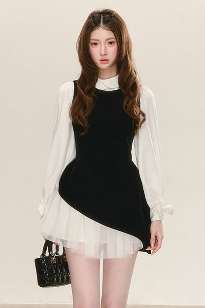 Black Velvet Mesh Overlay Dress and White Shirt Set