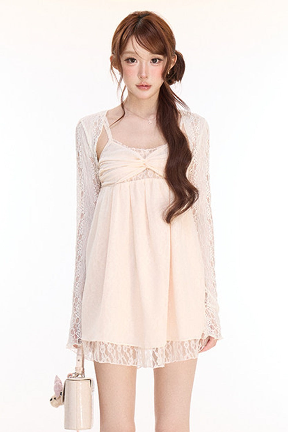 Spaghetti Strap Cross Knot Spliced Lace Dress and Cardigan Set-Up