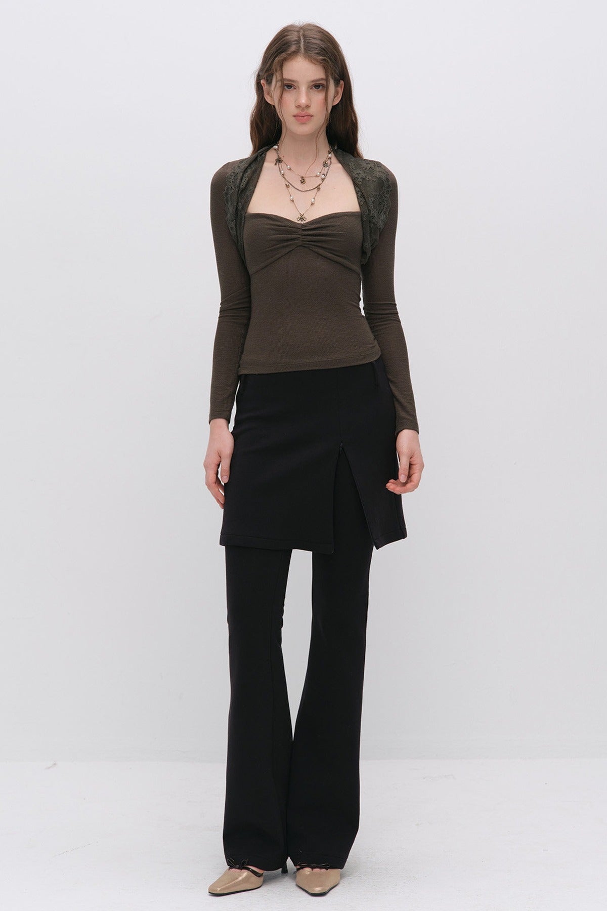 Layered-Look Slit Skirt-Style Flared Pants