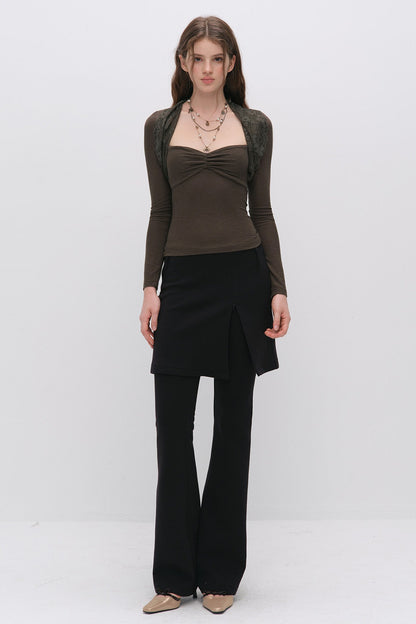 Layered-Look Slit Skirt-Style Flared Pants