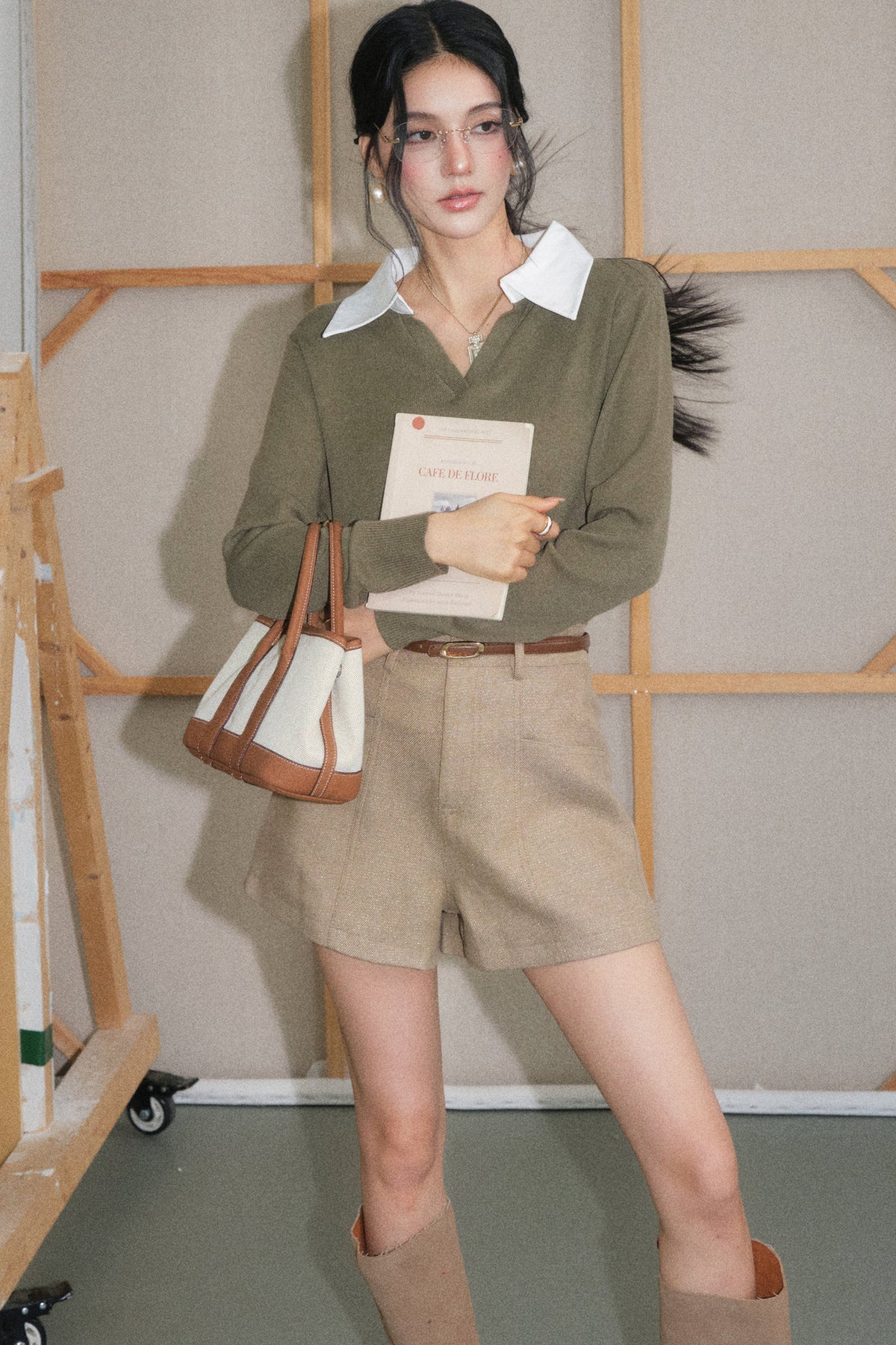 Light Camel Lapel Knit Top and White Pants Set-Up