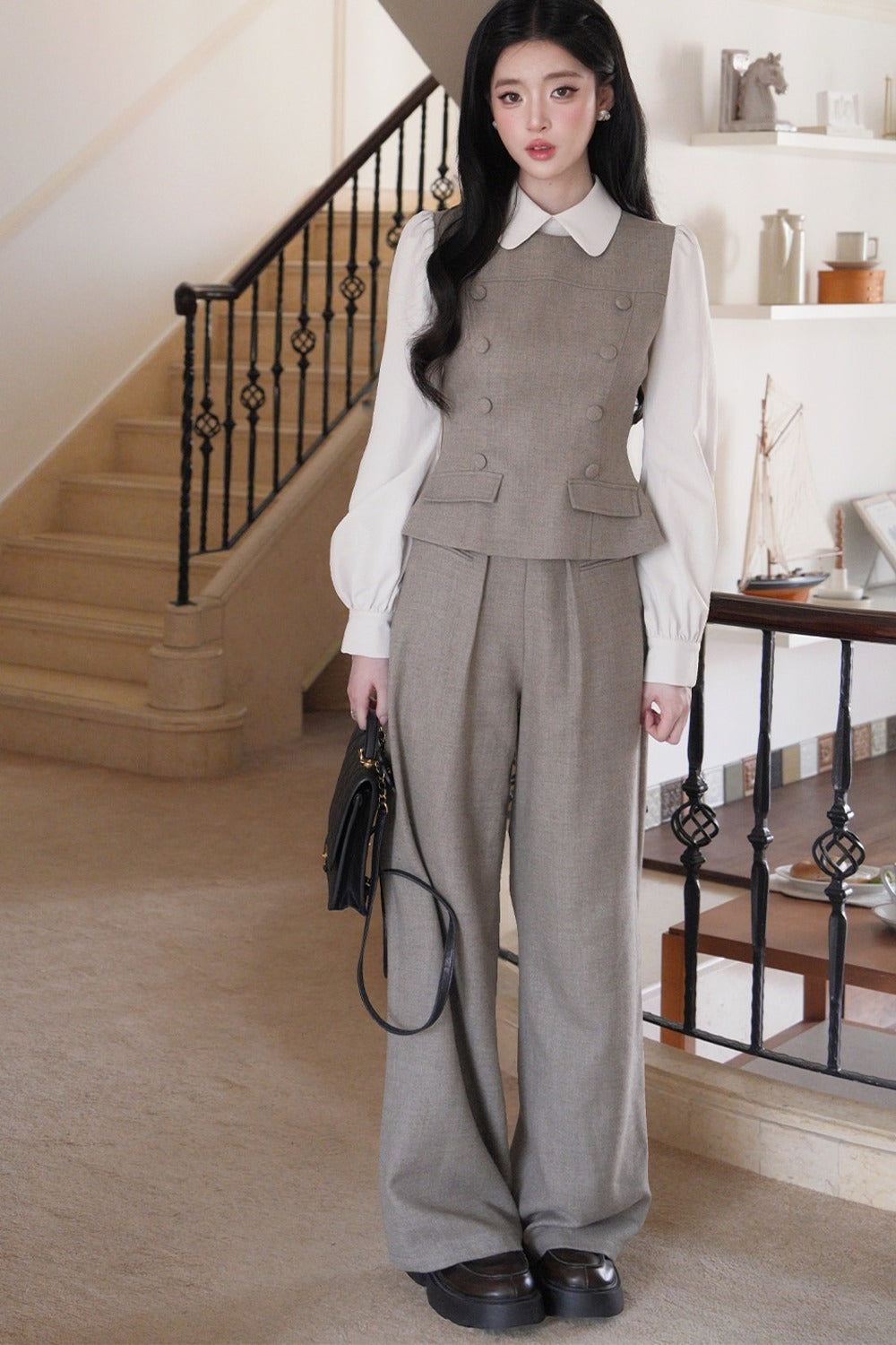 Doll Collar Puff Sleeve Shirt and Pants Set-Up