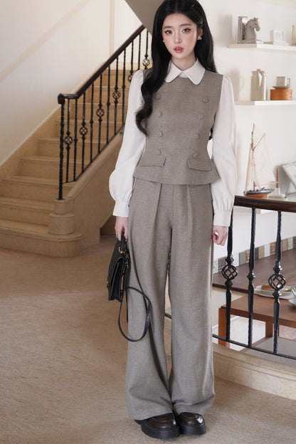Doll Collar Puff Sleeve Shirt and Pants Set-Up