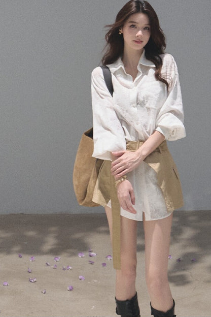 Natural Sequence Lace Shirt Set