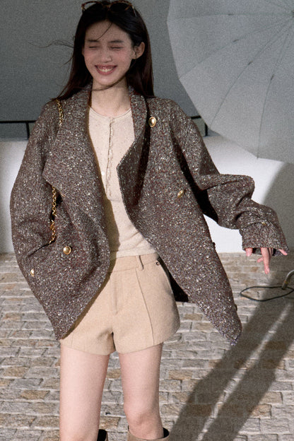 Textured Wool Blend Double-Breasted Jacket