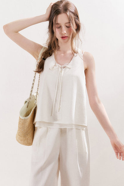 Leinen-Set aus Neckholder-Weste zum Binden und Hose mit geradem Bein