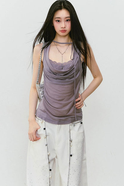 Lace Patchwork Lyocell Layered Camisole Top