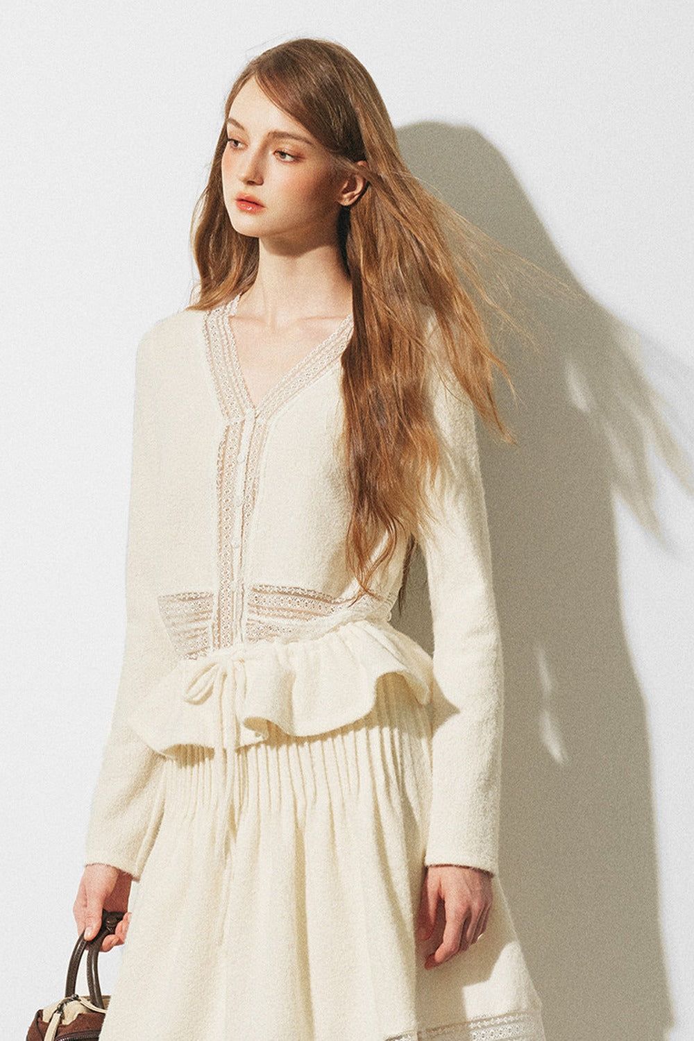 Lace Spliced Knit Cardigan and Skirt Set-Up