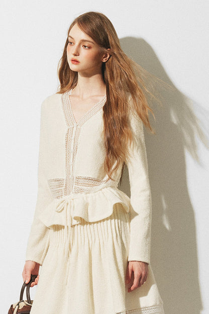 Lace Spliced Knit Cardigan and Skirt Set-Up