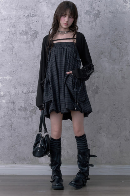 Black Gray Plaid Mid-Length Skirt Set-Up