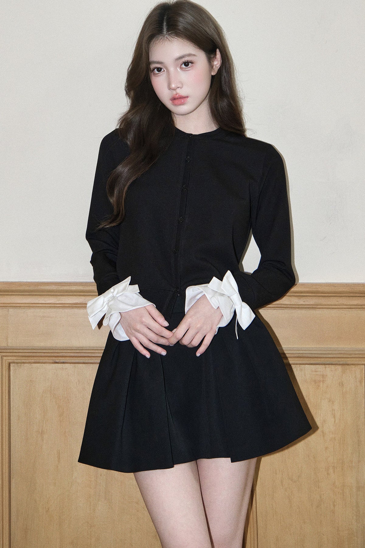 Layered-Look Bow Knit Cardigan